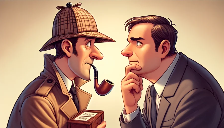 Satirical Cartoon Showing Private Detective With Deerstalker And Calabash Questioning Thoughtful Businessman