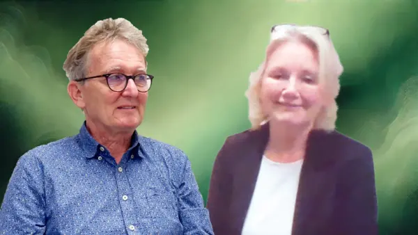 Portraits of Felix Büchi and Ellinor Ehrnberg against an abstract green backdrop