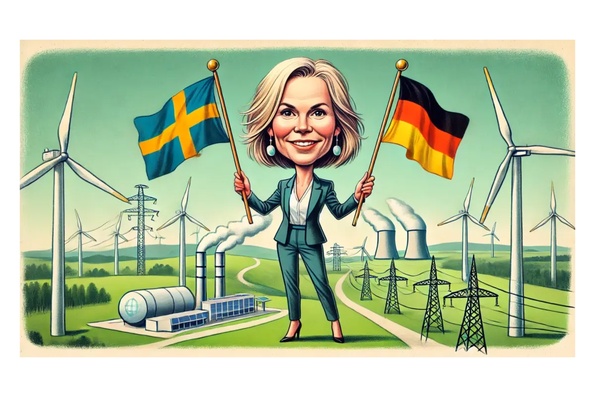 A satirical and lighthearted caricature of a woman with a smiling face, standing confidently while holding the flags of Sweden (on her left) and Germany (on her right). She is dressed in a professional suit. The background features a mix of renewable energy sources like wind turbines and traditional power plants emitting smoke, symbolizing energy production. Power lines stretch across a green landscape, blending modern infrastructure with natural scenery.