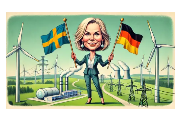 A satirical and lighthearted caricature of a woman with a smiling face, standing confidently while holding the flags of Sweden (on her left) and Germany (on her right). She is dressed in a professional suit. The background features a mix of renewable energy sources like wind turbines and traditional power plants emitting smoke, symbolizing energy production. Power lines stretch across a green landscape, blending modern infrastructure with natural scenery.