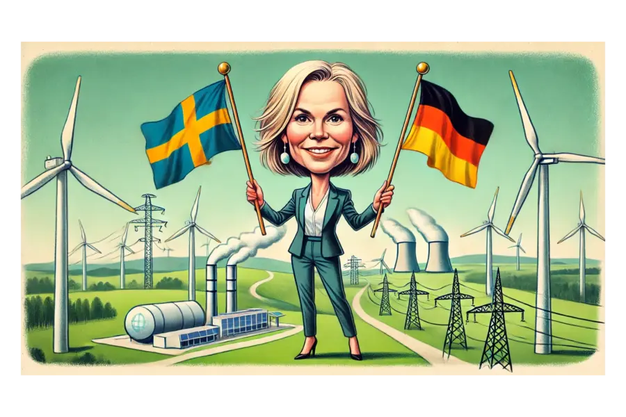 A satirical and lighthearted caricature of a woman with a smiling face, standing confidently while holding the flags of Sweden (on her left) and Germany (on her right). She is dressed in a professional suit. The background features a mix of renewable energy sources like wind turbines and traditional power plants emitting smoke, symbolizing energy production. Power lines stretch across a green landscape, blending modern infrastructure with natural scenery.