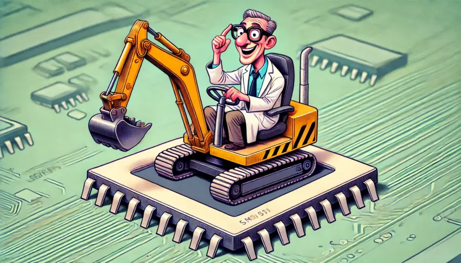 Scientist Seated In The Cab Of A Miniature Excavator On A Silicon Chip